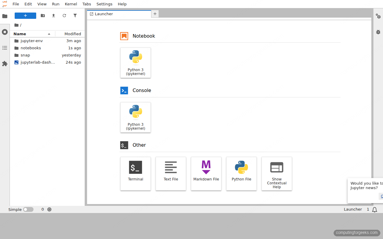 JupyterLab launcher dashboard on Ubuntu 26.04 LTS