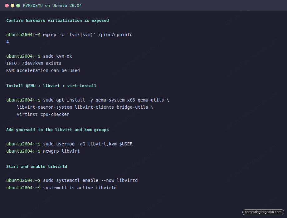 KVM and libvirt installed on Ubuntu 26.04 LTS server