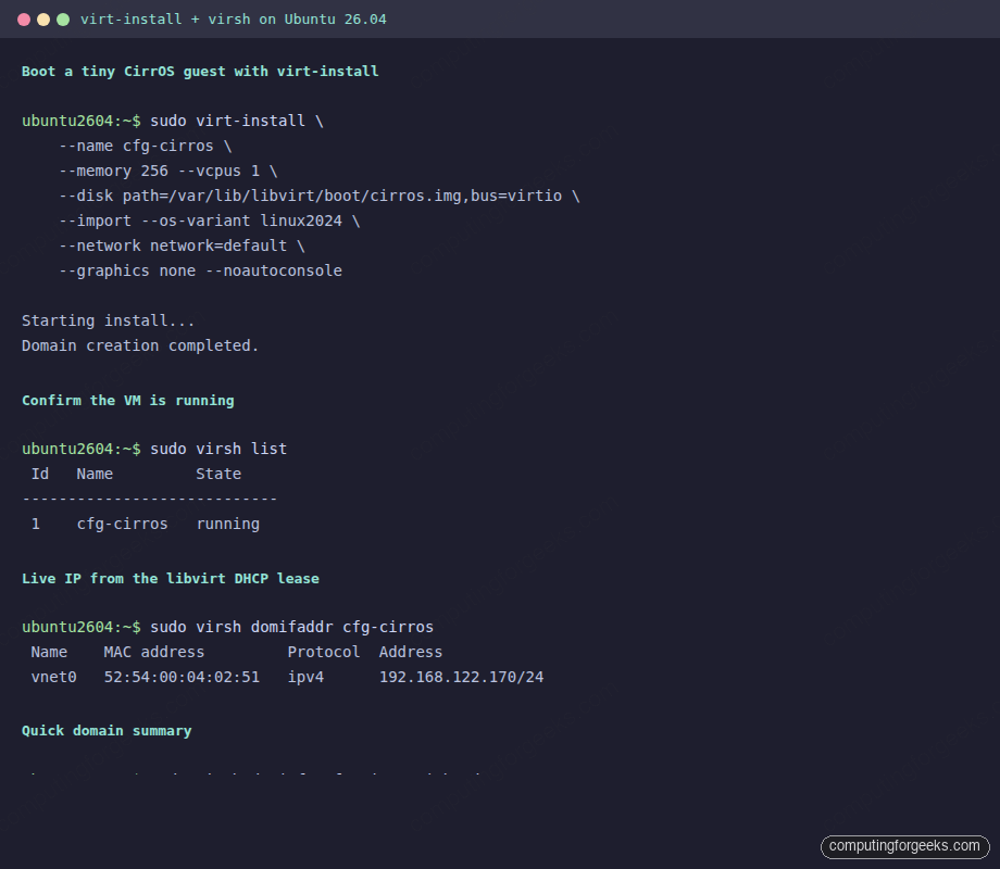Booting a CirrOS guest on Ubuntu 26.04 KVM with virt-install and virsh