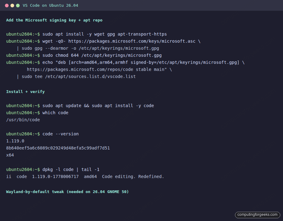 Install Visual Studio Code on Ubuntu 26.04 LTS via Microsoft apt repo