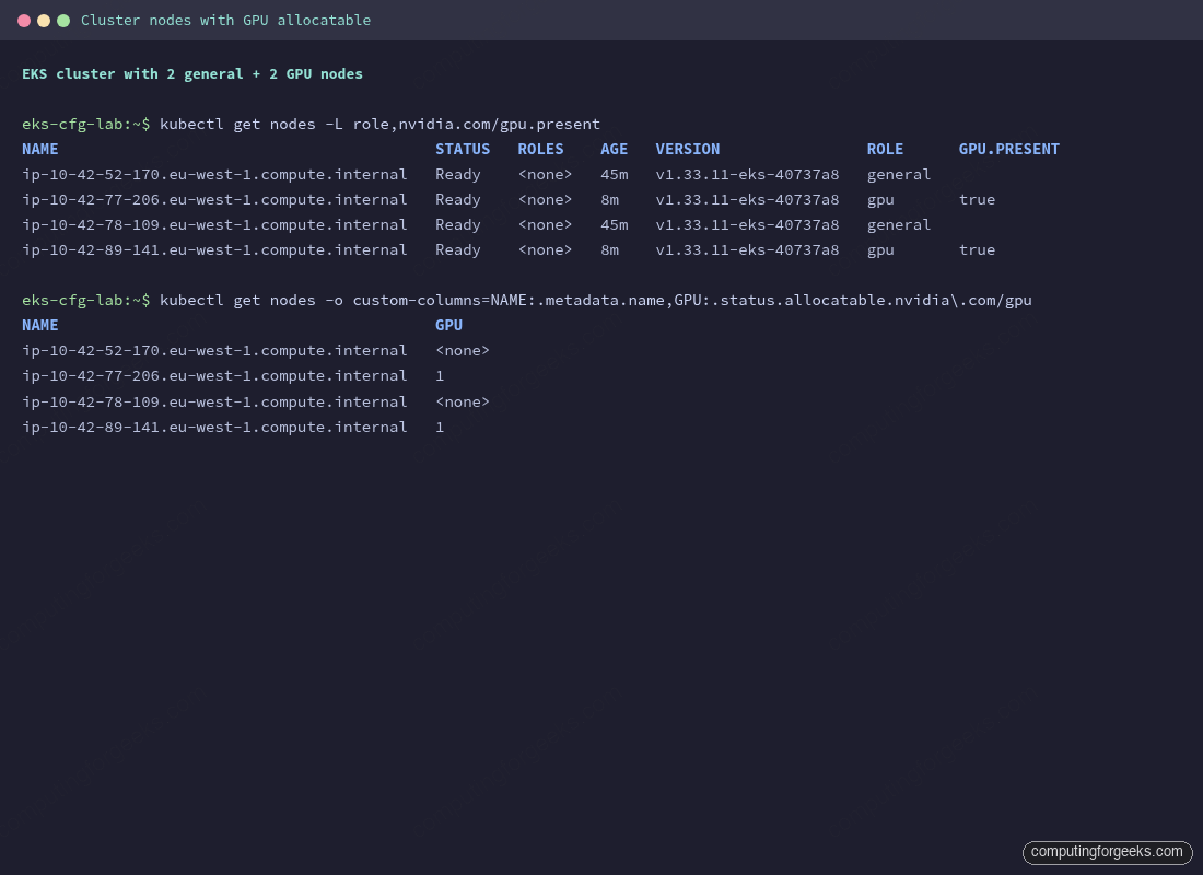 kubectl get nodes showing 2 general nodes and 2 GPU nodes Ready, with nvidia.com/gpu.present=true label and 1 GPU allocatable on each gpu node