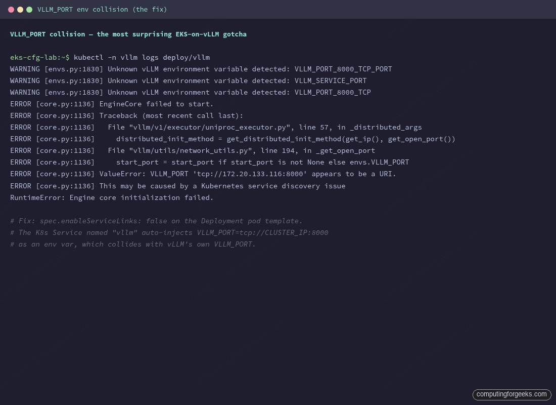 vLLM engine fails on EKS with ValueError: VLLM_PORT 'tcp://172.20.133.116:8000' appears to be a URI, due to Kubernetes service env injection collision