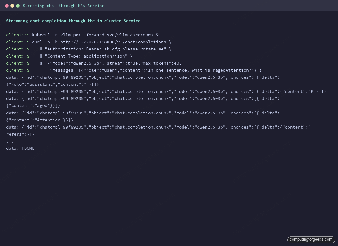 curl streaming /v1/chat/completions through K8s Service via port-forward, showing data: chunks for PagedAttention answer