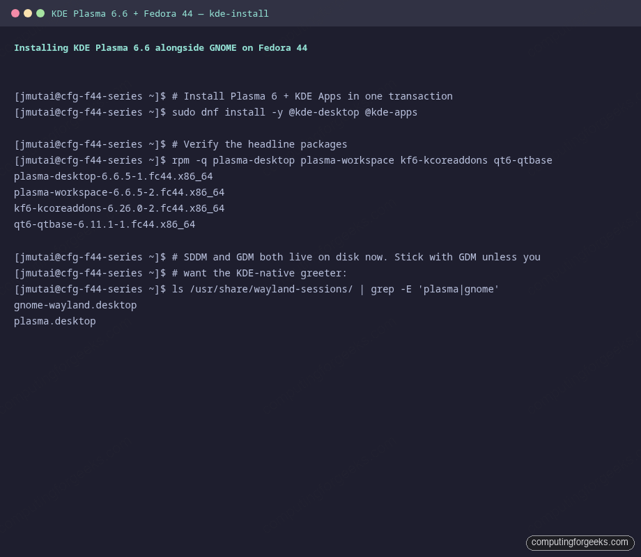 dnf install kde-desktop kde-apps group and rpm verify Plasma packages on Fedora 44