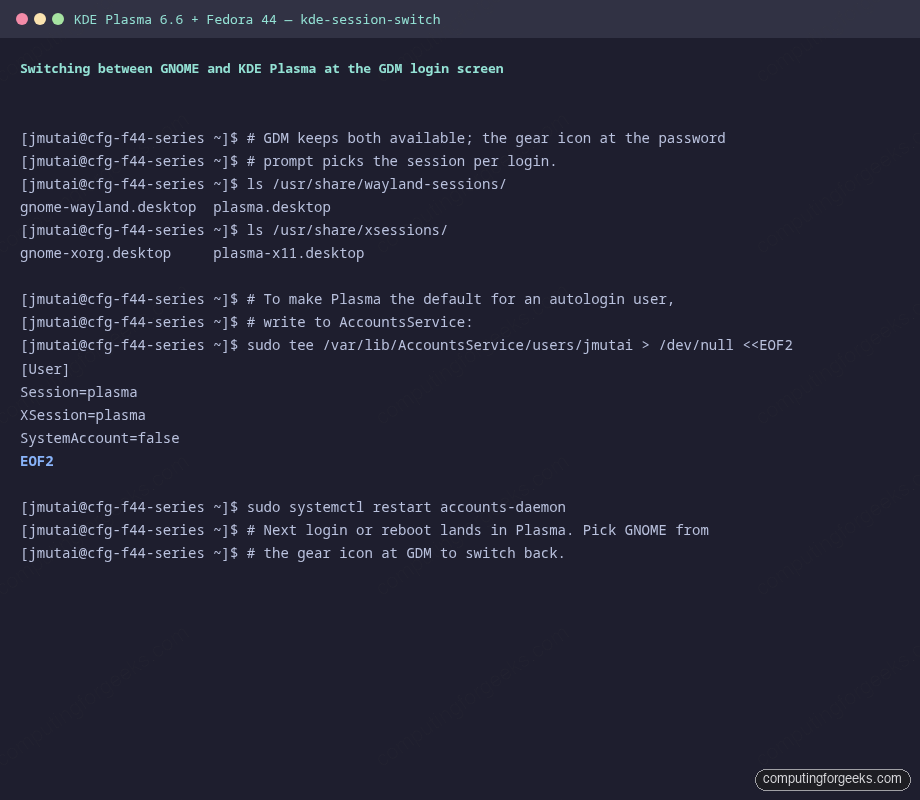 Switch session between GNOME and KDE Plasma at GDM on Fedora 44