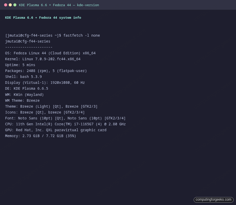 fastfetch showing KDE Plasma 6.6.5 KWin Wayland on Fedora 44
