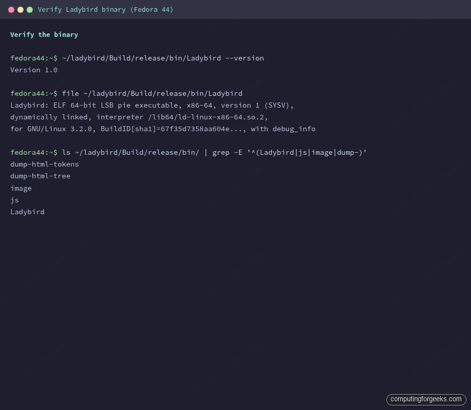 Build Ladybird Browser on Ubuntu, Fedora, and macOS 3 Terminal showing Ladybird --version reporting Version 1.0 and file output confirming ELF 64-bit executable on Fedora 44