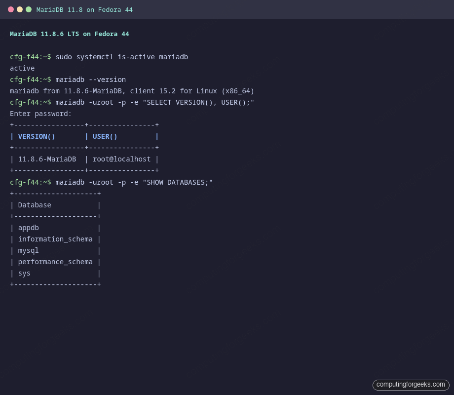MariaDB 11.8.6 server running on Fedora 44 with version check and SHOW DATABASES output