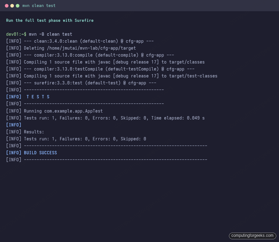 Use Apache Maven Commands with Real Examples 2 mvn clean test running through compile and Surefire test phases ending in BUILD SUCCESS