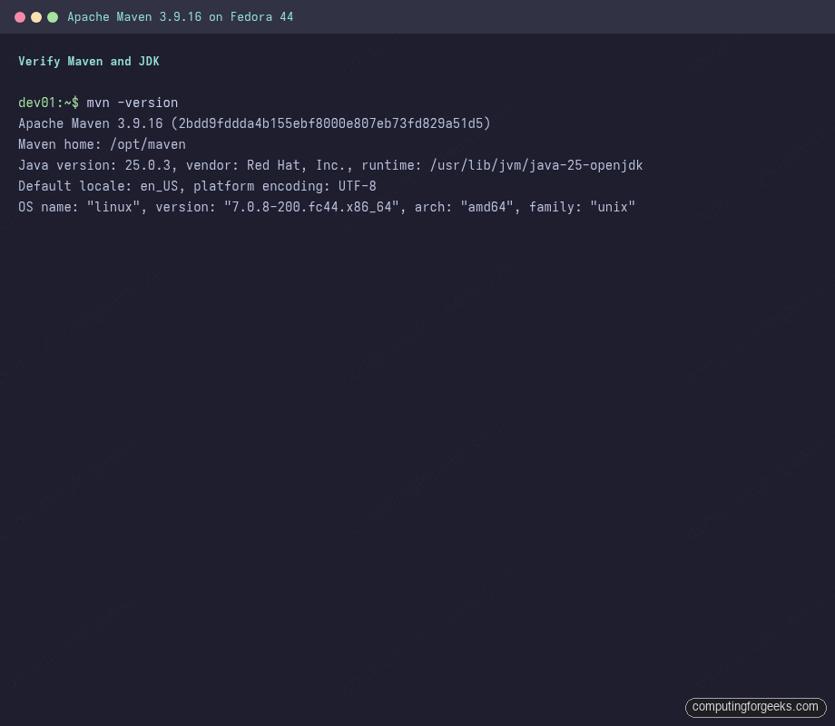 Use Apache Maven Commands with Real Examples 1 Terminal output of mvn -version showing Apache Maven 3.9.16 and OpenJDK 25 on Fedora 44