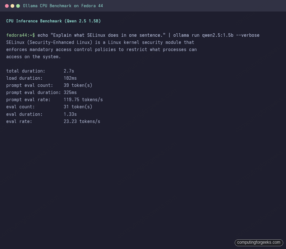ollama run --verbose CPU benchmark Qwen 2.5 1.5B 23 tokens per second on Fedora 44