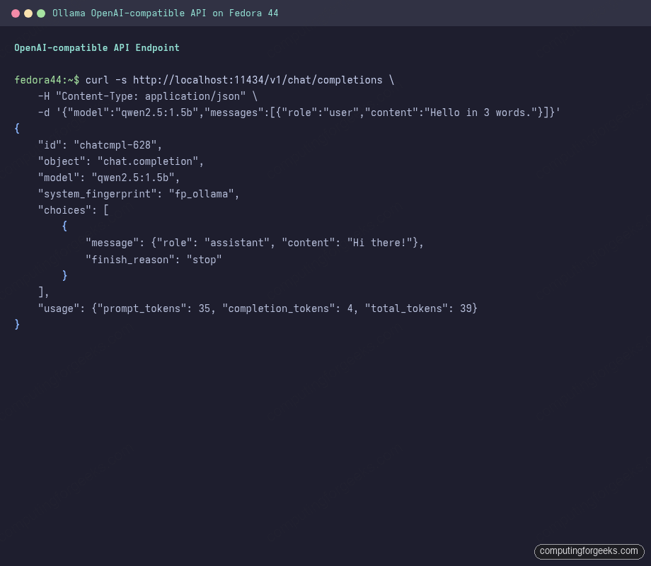 curl to ollama v1 chat completions endpoint returning OpenAI chat completion JSON on Fedora 44
