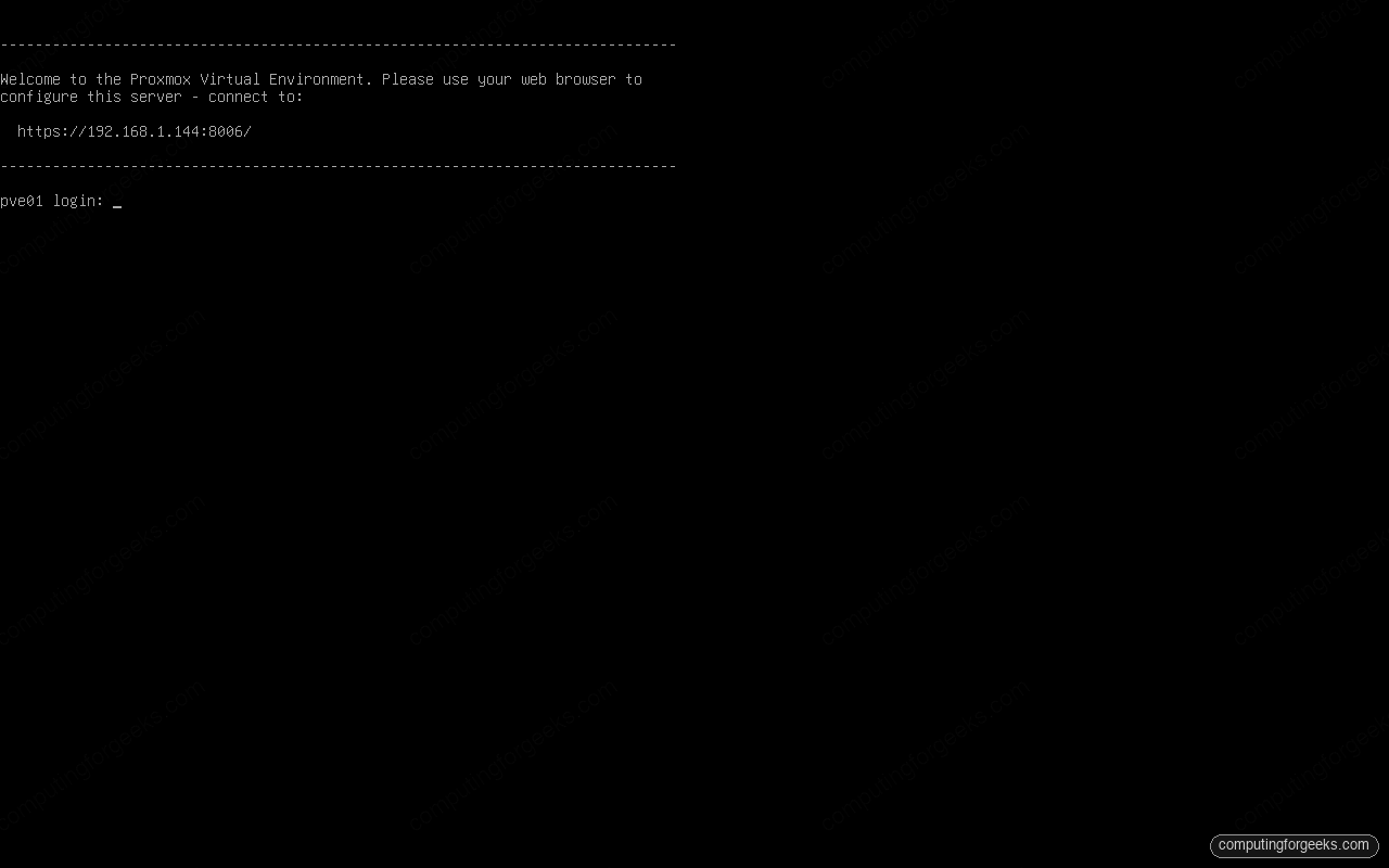 Proxmox VE 9 console login banner showing the web UI URL