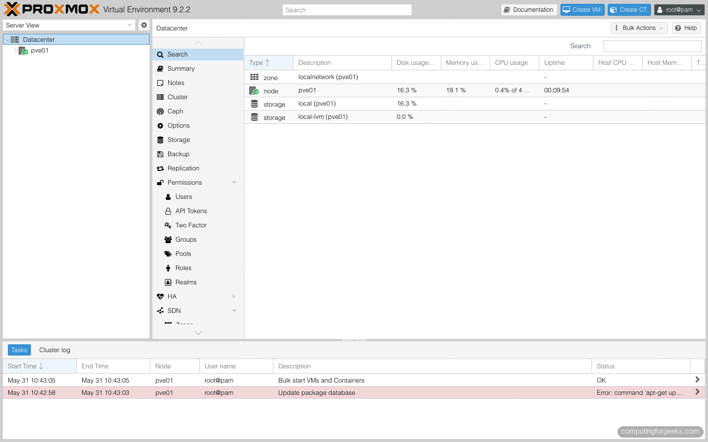 Proxmox VE 9 datacenter dashboard