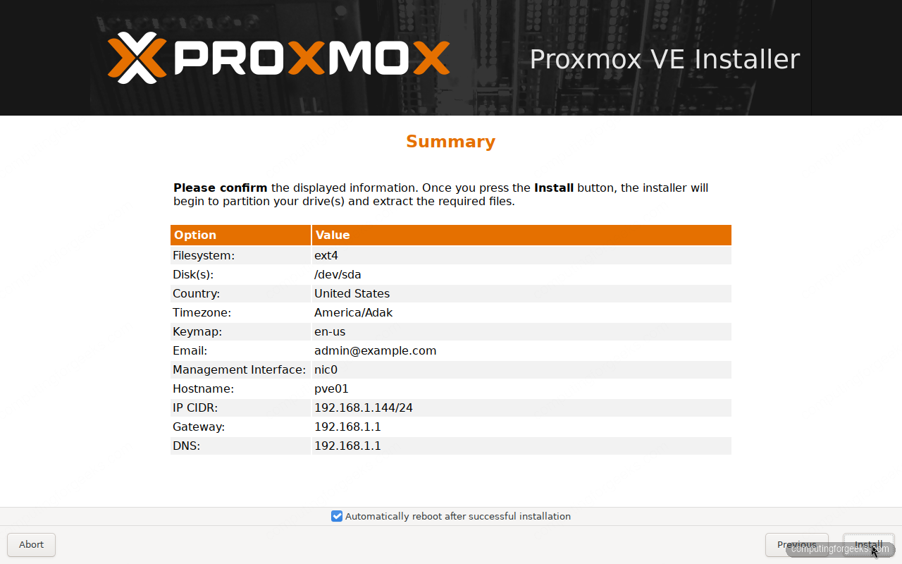Proxmox VE 9 installation summary screen