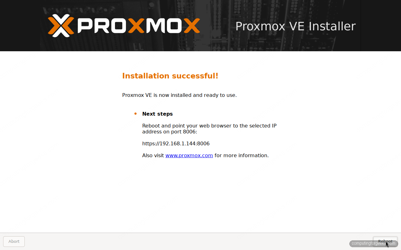Proxmox VE 9 installation successful screen