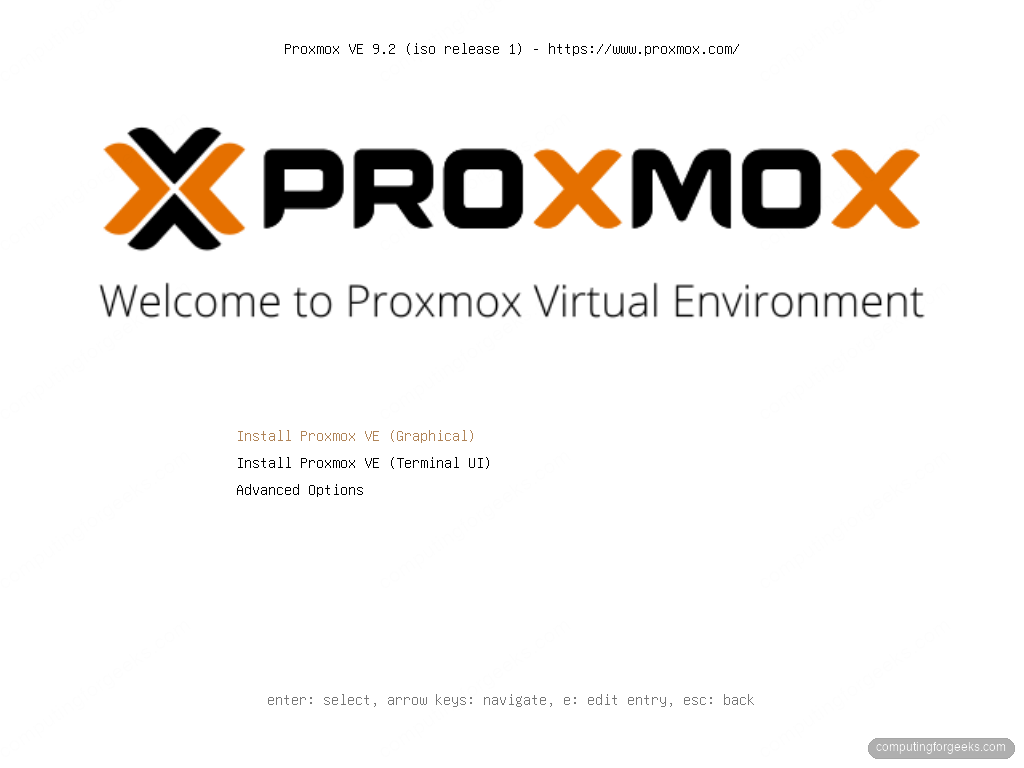Proxmox VE 9 ISO installer boot menu