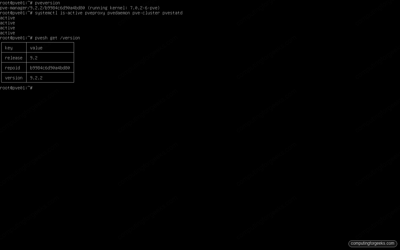 Proxmox VE 9 pveversion and service status verification