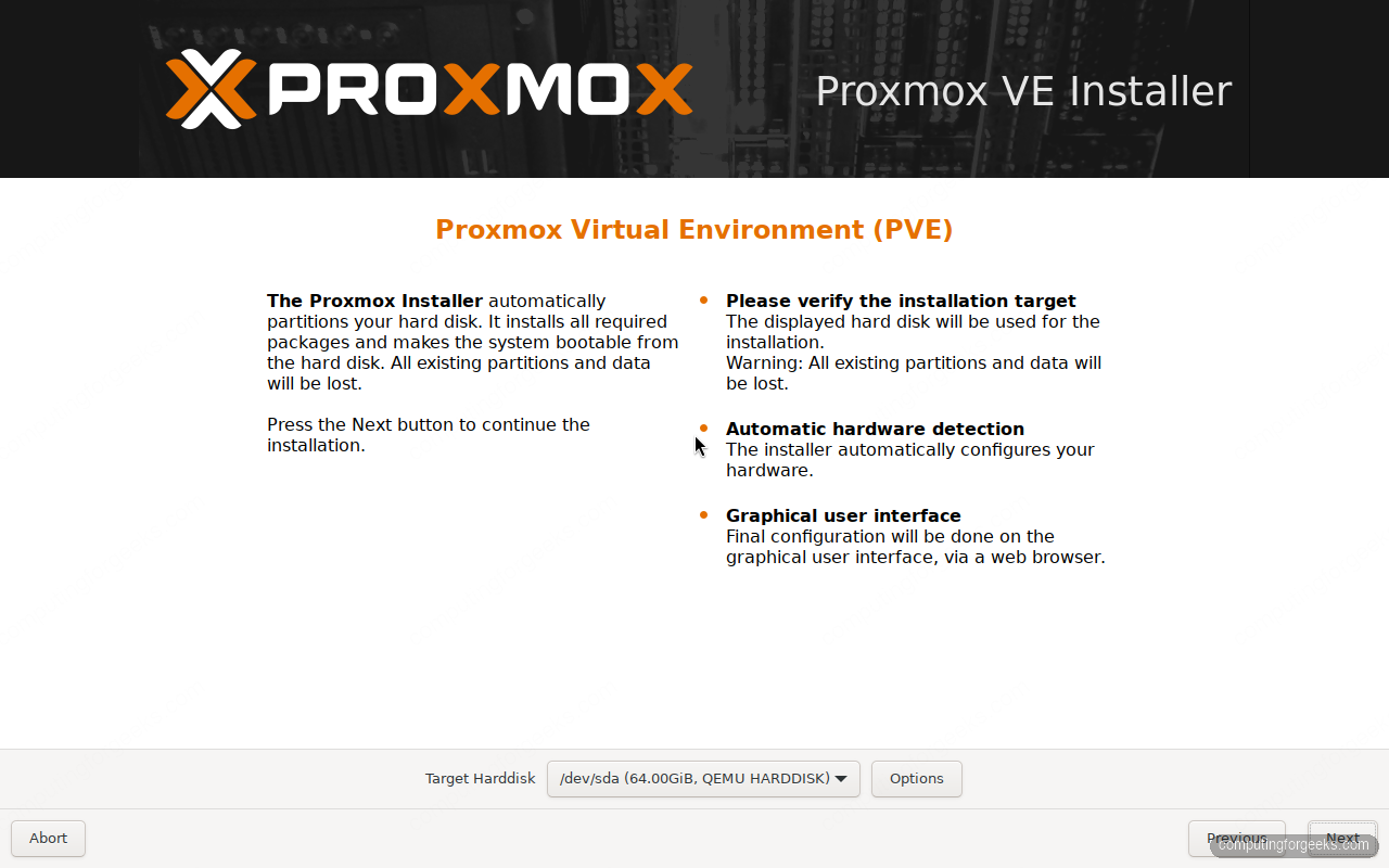 Proxmox VE 9 installer target disk selection