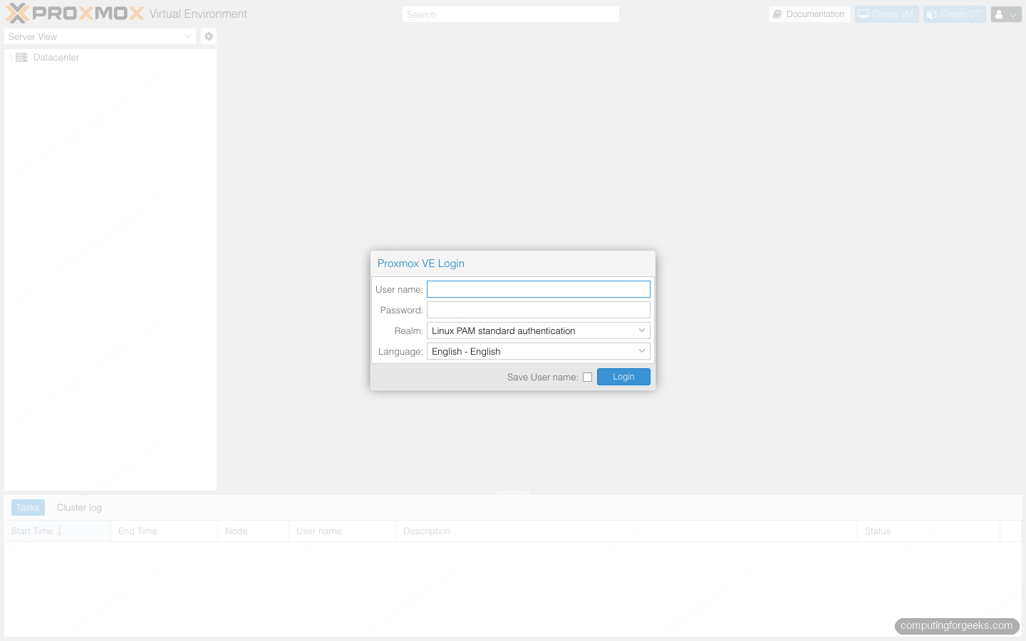 Proxmox VE 9 web UI login page