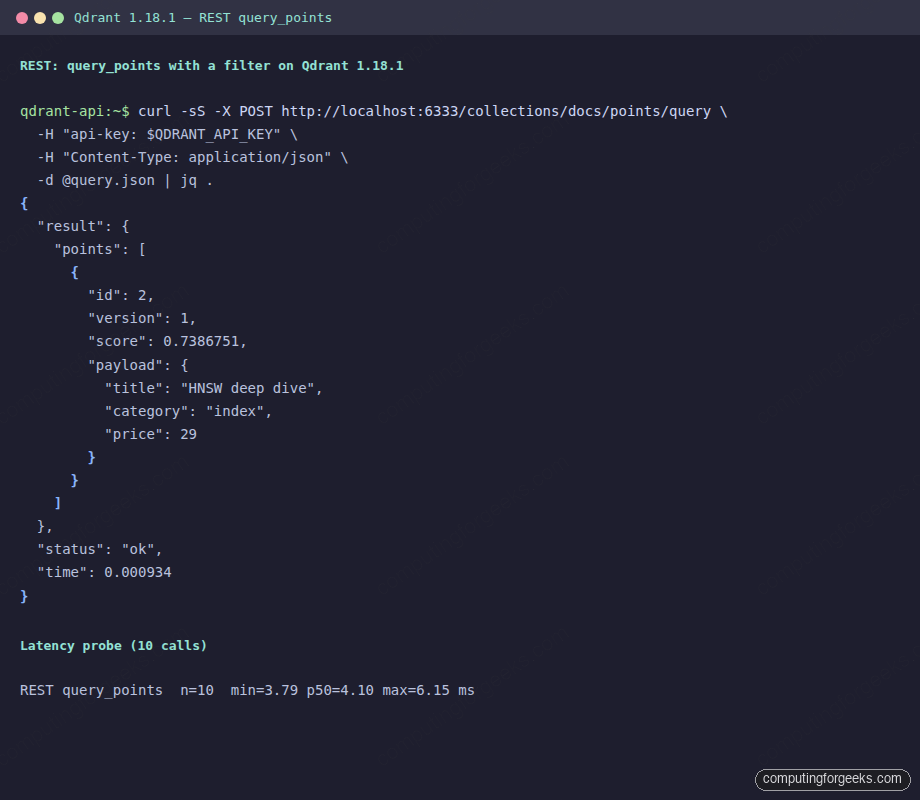 Qdrant REST and gRPC APIs in Practice 1 Qdrant 1.18.1 REST API query_points response in terminal