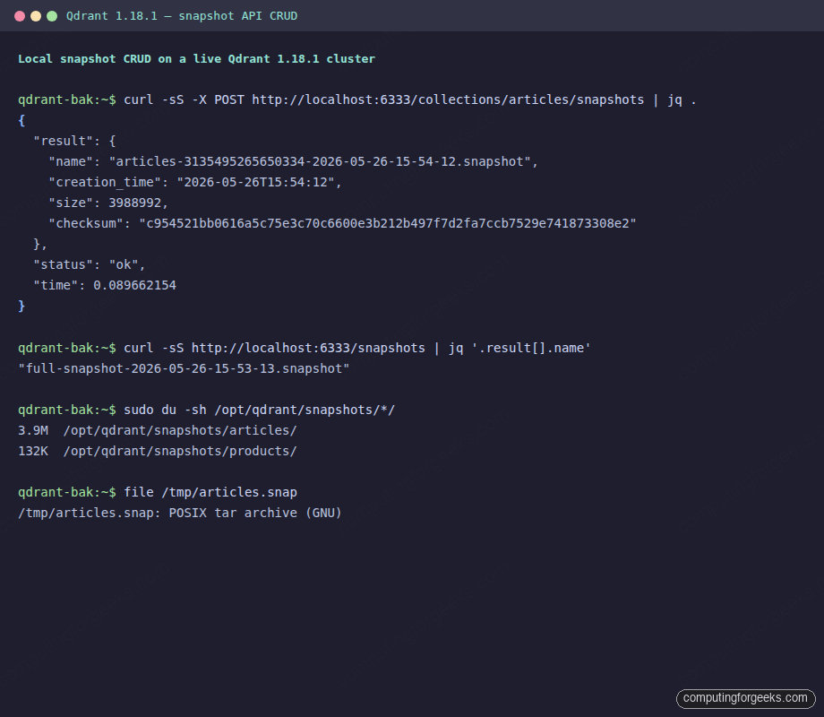 Backup, Snapshot, and Restore Qdrant Collections 1 Qdrant snapshot API CRUD create list download with real sizes