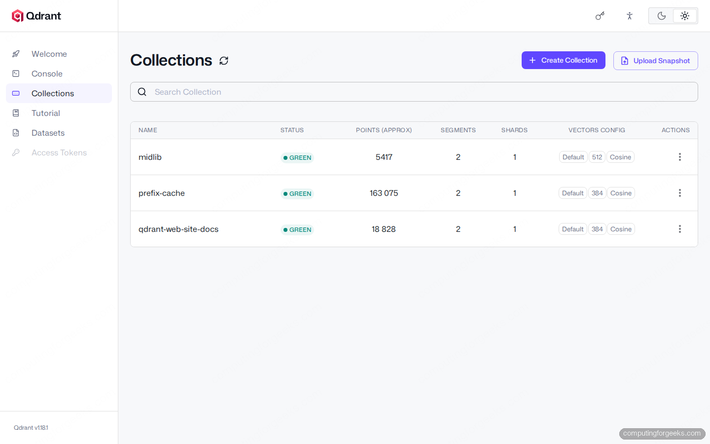 Qdrant Web UI Collections list