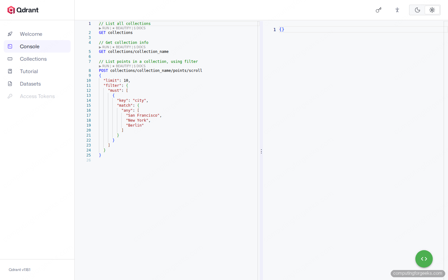 Qdrant Web UI Console for REST API
