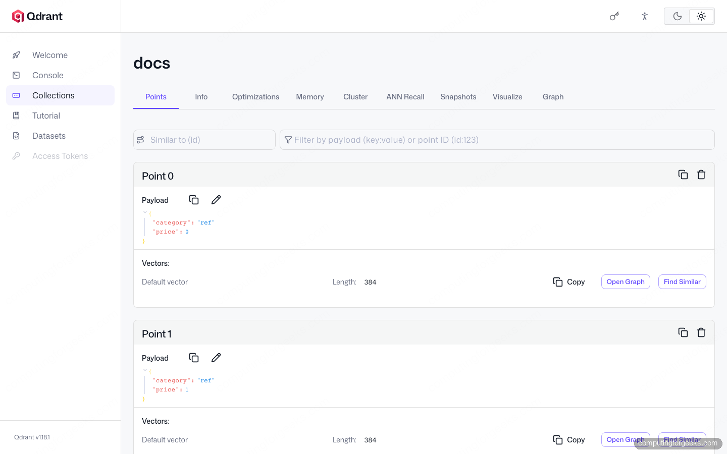 Qdrant REST and gRPC APIs in Practice 2 Qdrant Web UI showing docs collection points with 384-dim vectors