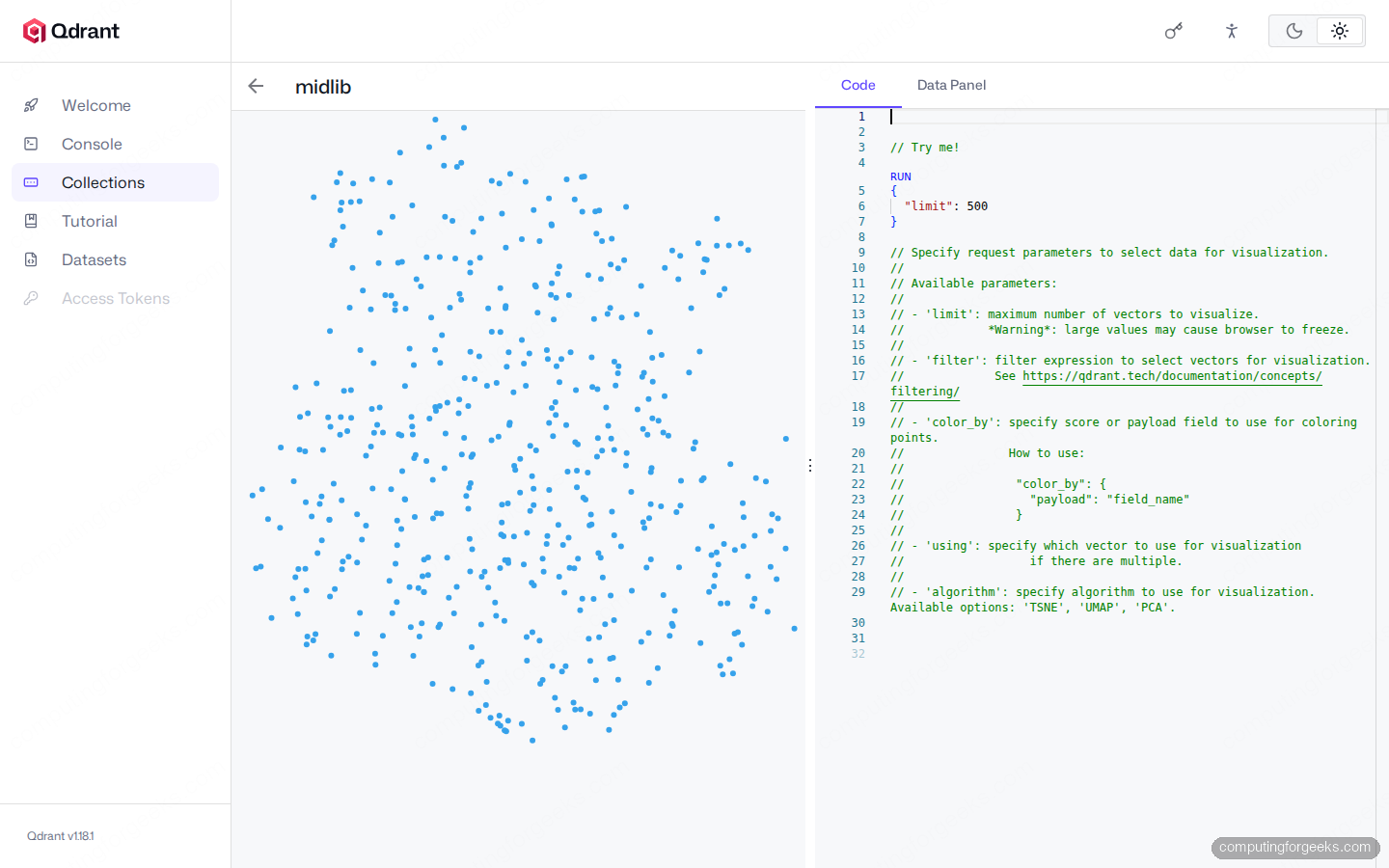 Qdrant Web UI Visualize tSNE scatter plot