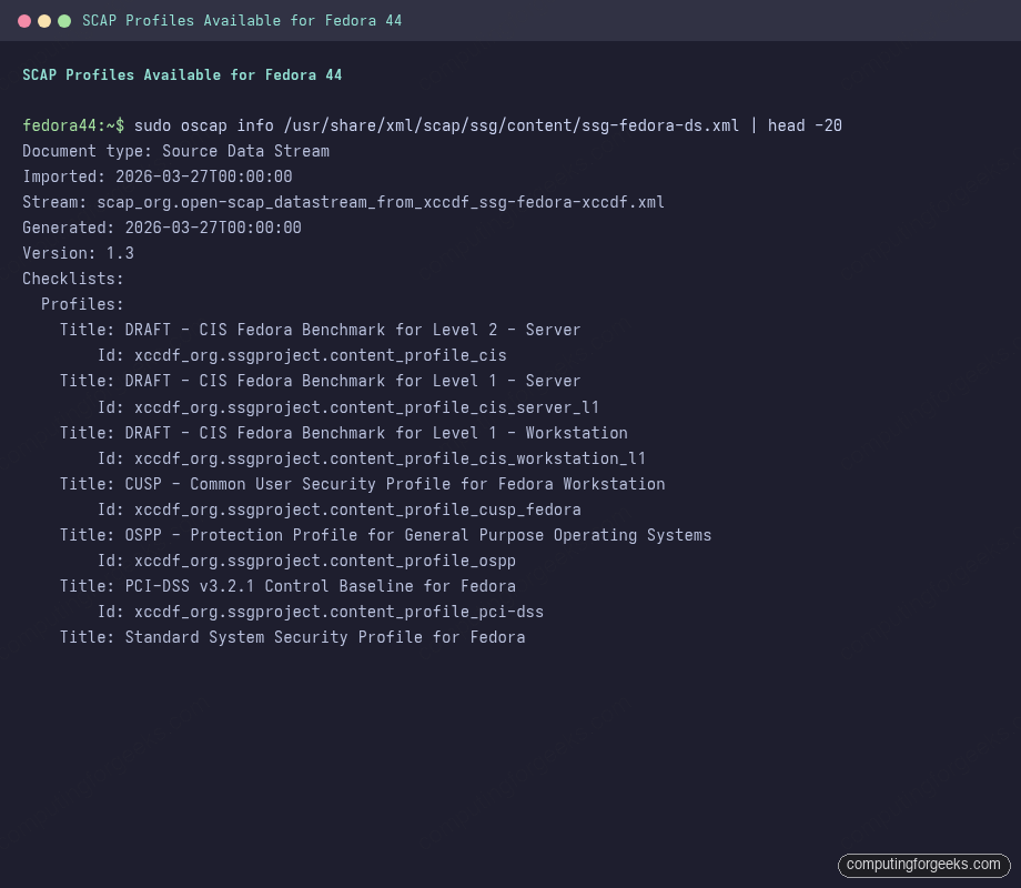 oscap info showing 8 compliance profiles for Fedora 44 including CIS, PCI-DSS, OSPP