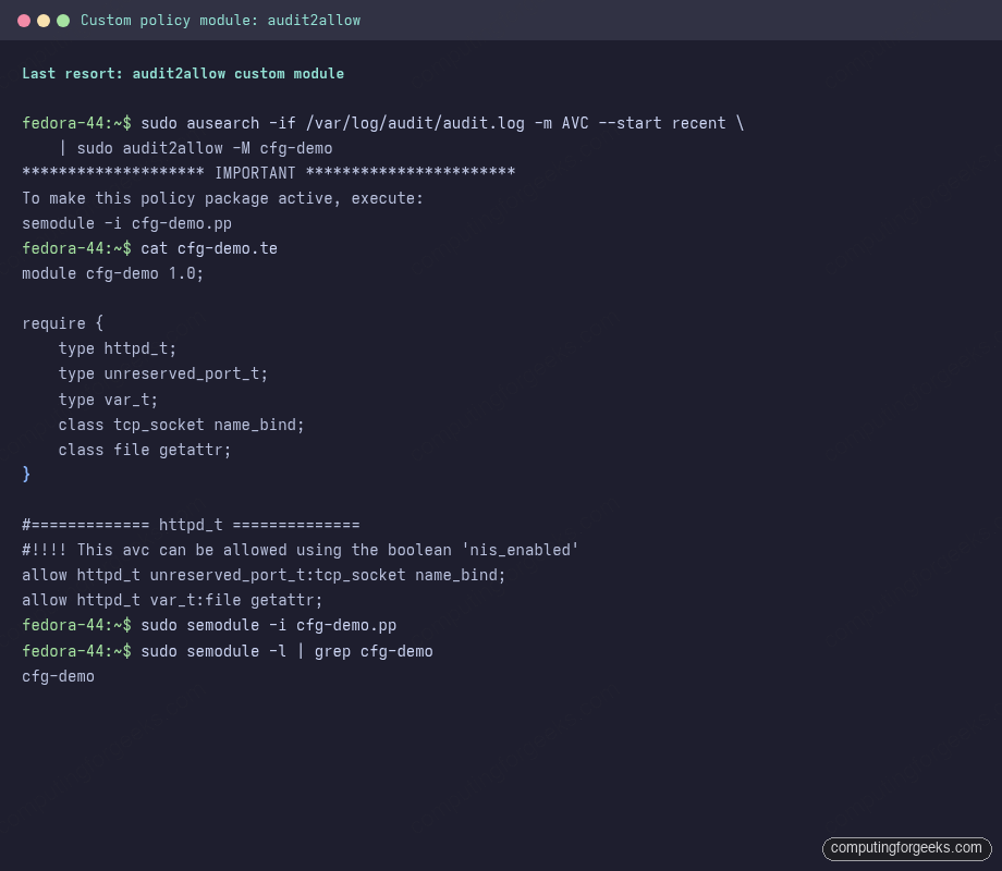 audit2allow -M generating cfg-demo.te source and cfg-demo.pp module from AVC denials on Fedora 44