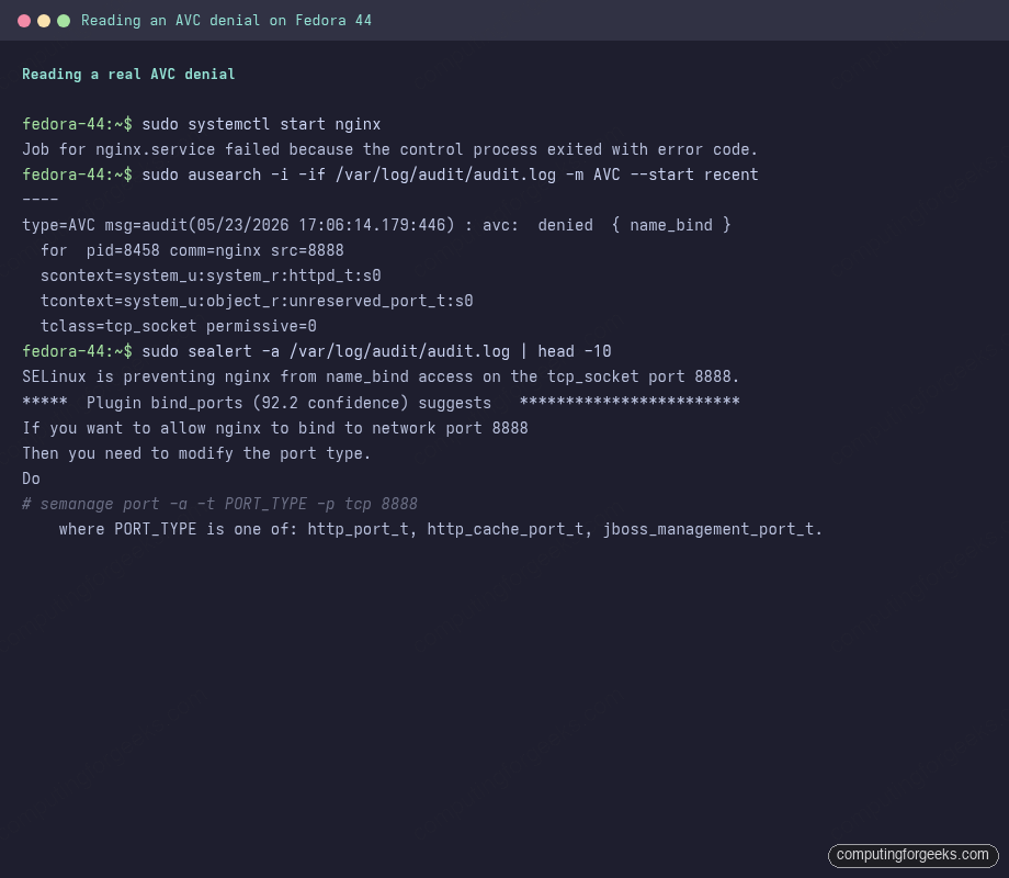 Raw ausearch AVC output and sealert plain-English summary for nginx port 8888 denial on Fedora 44