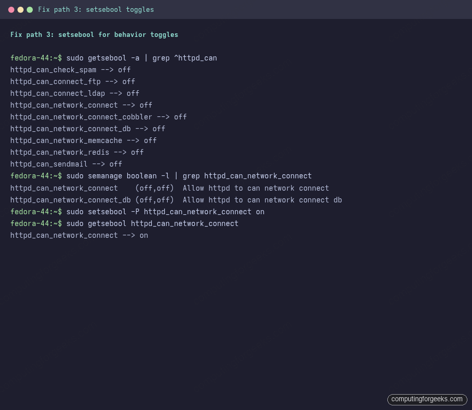 getsebool -a httpd_can list and setsebool -P httpd_can_network_connect on Fedora 44