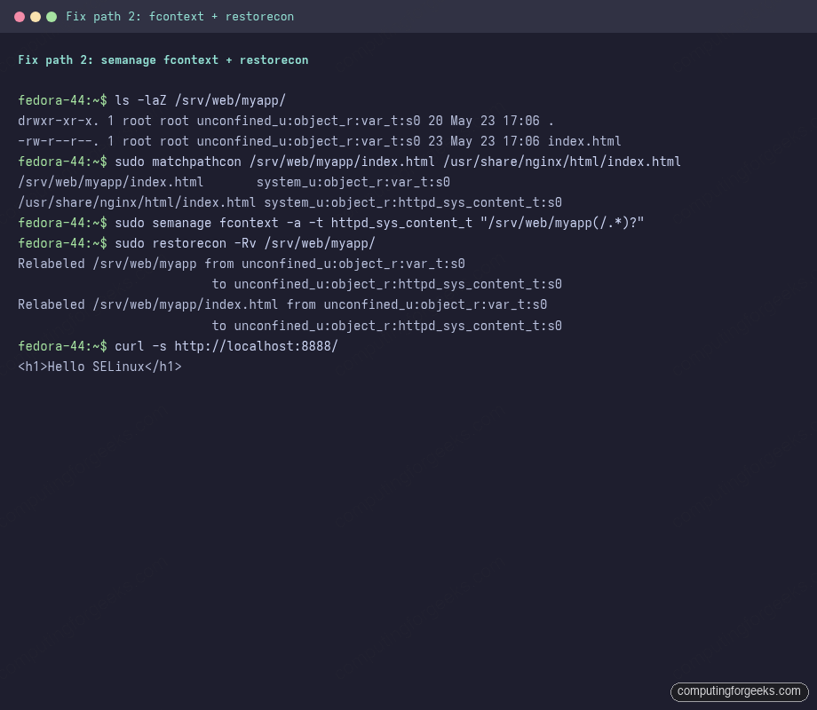 matchpathcon comparison and restorecon relabel of /srv/web/myapp from var_t to httpd_sys_content_t on Fedora 44