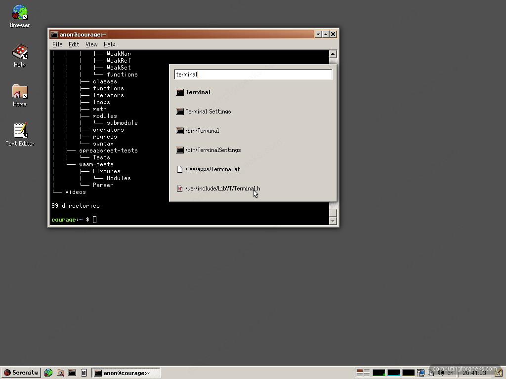SerenityOS Assistant launcher searching for Terminal