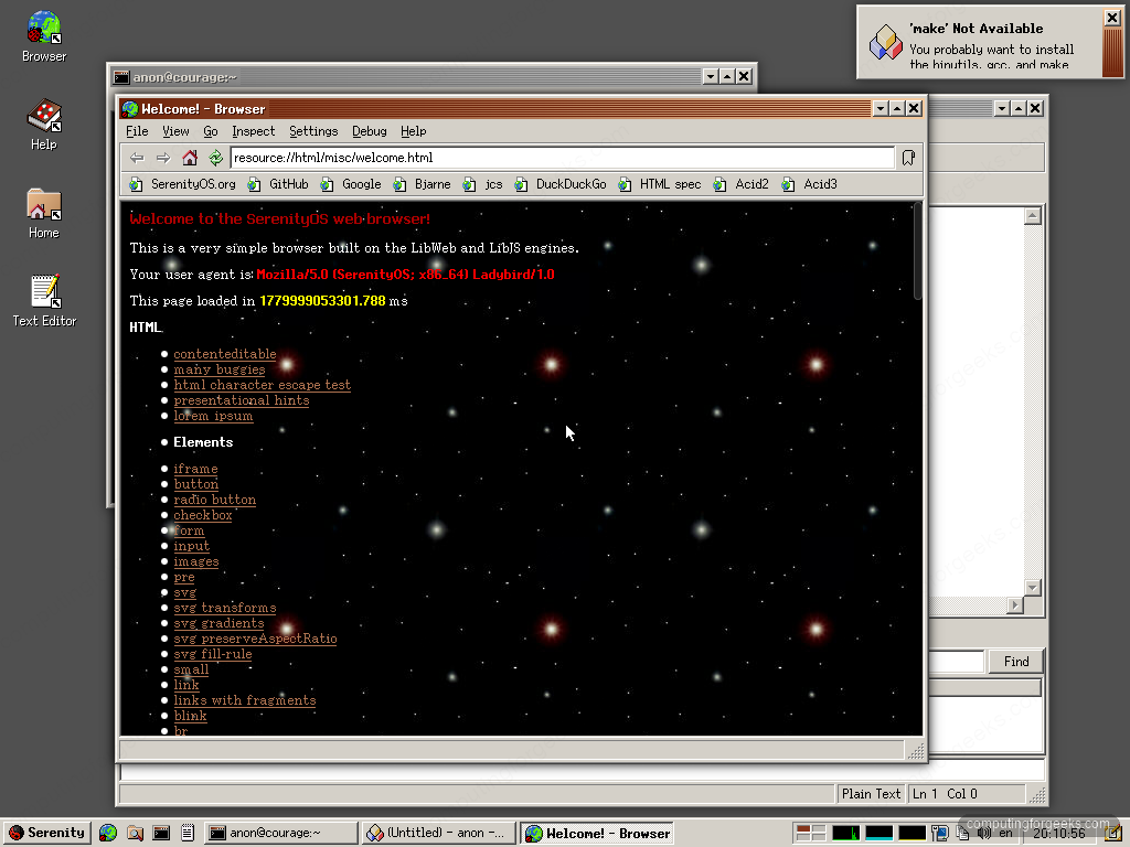 SerenityOS built-in Browser showing the welcome page on the LibWeb engine