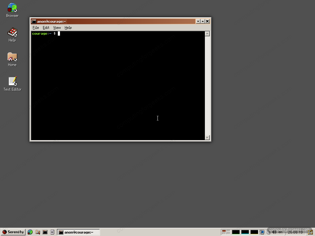 SerenityOS desktop with taskbar and an open Terminal running in QEMU