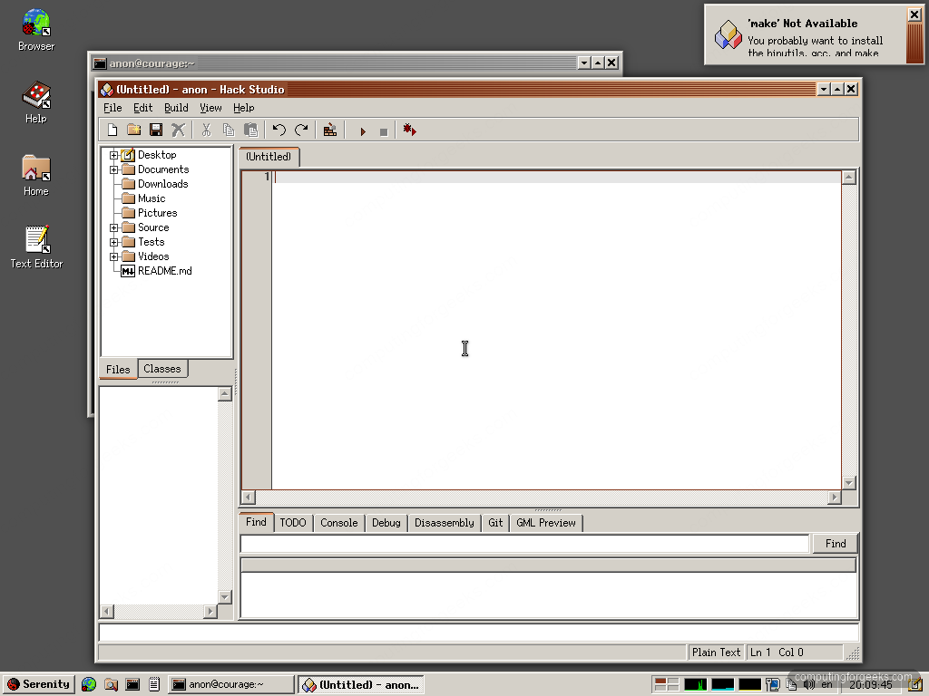 SerenityOS HackStudio IDE with project tree and code editor