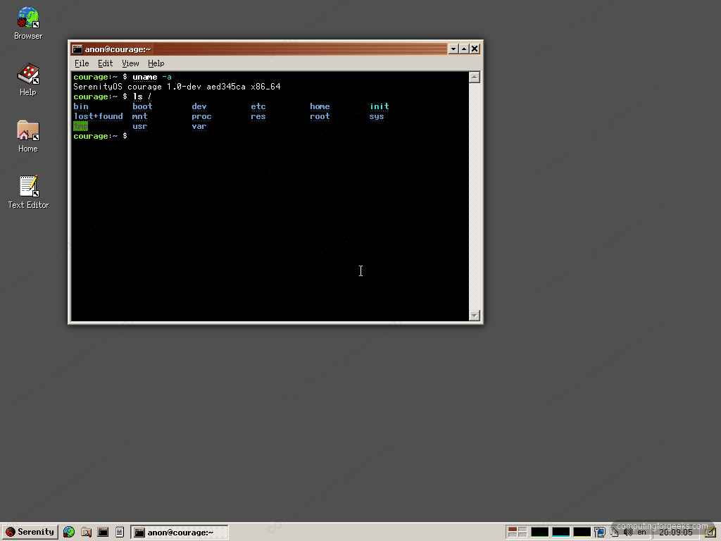 SerenityOS Terminal showing uname -a and ls / output