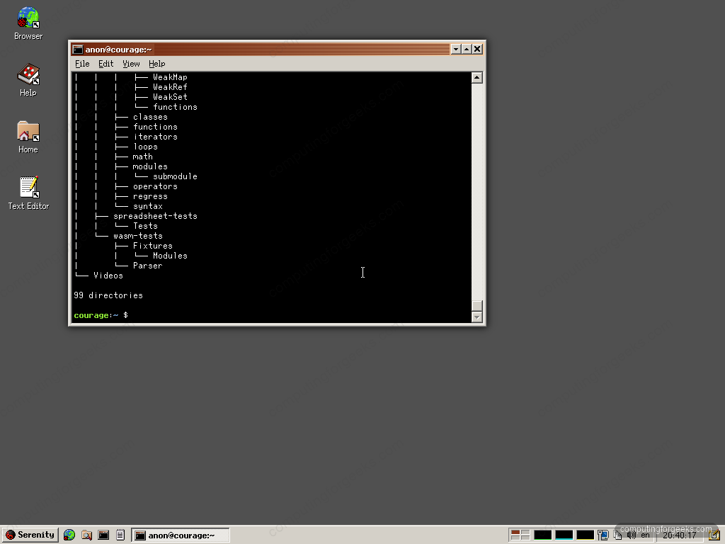 SerenityOS Terminal showing tree port directory output after installation