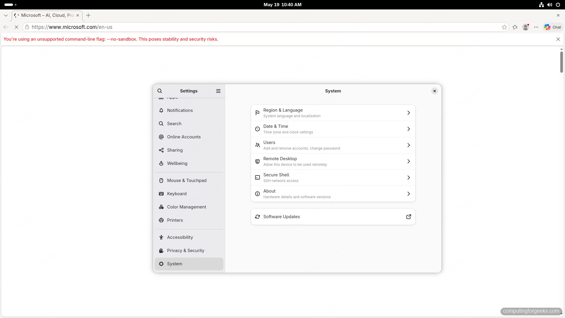 GNOME 50 Settings System panel Remote Desktop SSH Users Date Region