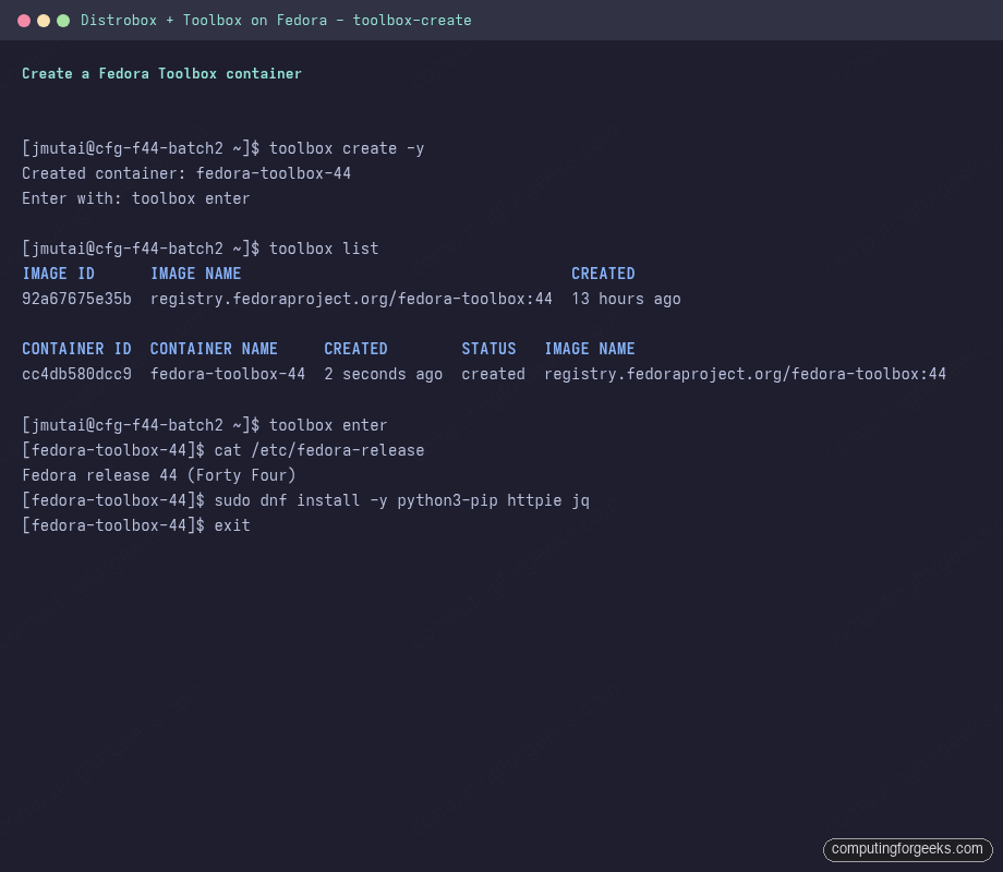 toolbox create and enter Fedora toolbox container on Fedora