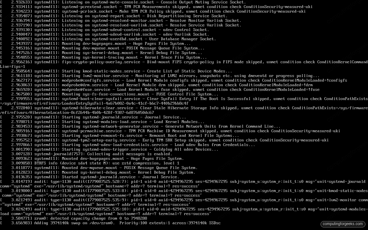 Fedora 44 console showing systemd boot messages after the offline transaction
