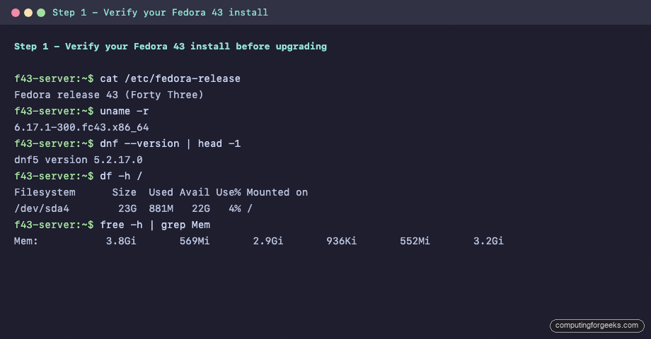 Fedora 43 baseline check before upgrade with kernel 6.17 and dnf5 5.2
