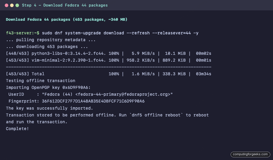 dnf system-upgrade download Fedora 44 453 packages 338 MB