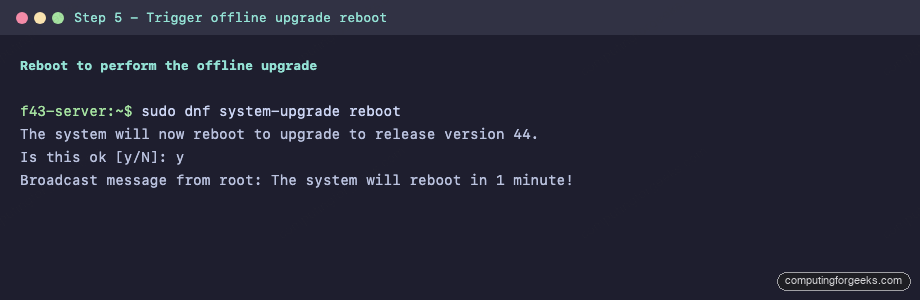 Trigger Fedora 44 offline upgrade reboot via dnf system-upgrade