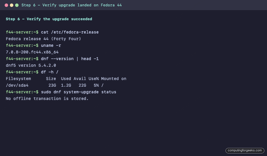 Post-upgrade verify Fedora 44 kernel 7.0.8 dnf5 5.4.2