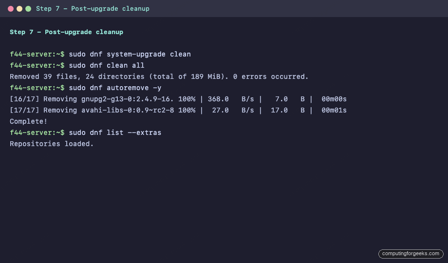 Fedora 44 post-upgrade cleanup with autoremove and system-upgrade clean