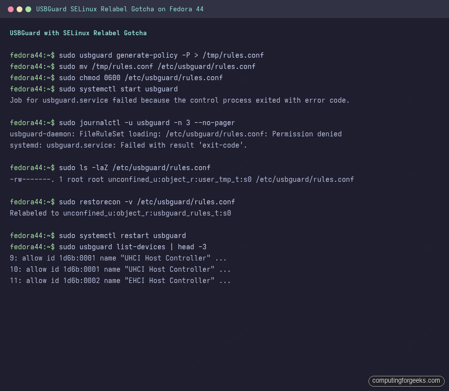USBGuard failing with Permission denied due to SELinux user_tmp_t label, fixed by restorecon on Fedora 44
